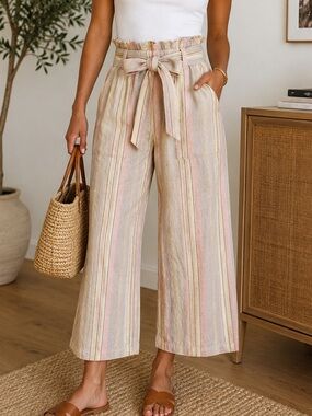 American Eagle NWT Linen Blend Striped Wide Leg Crop Belted Coastal Pants XS